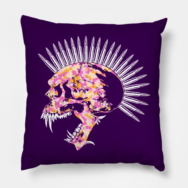Fanged Skull with Bullet Mohawk, Spiked Jaw in Pink and Gold Camo Pillow by RawSunArt