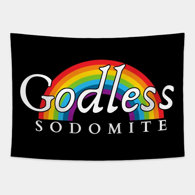 Godless Sodomite | White on Rainbow | Satanic Pride Tapestry by WearSatan