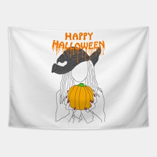 Happy Halloween witch and pumpkin - orange Tapestry