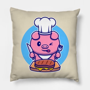 Cute Pig Chef Eating Beef Steak Cartoon Pillow