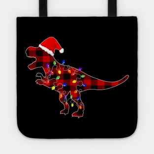 Red Plaid T Rex Christmas Buffalo Dinosaur Lights Family Pajamas Gift Tote