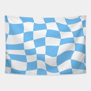 Distorted Sky Blue and White Check Wavy Grid Tapestry