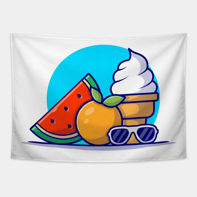 Watermelon, Orange, Ice Cream And Glasses Cartoon Vector Icon Illustration Tapestry by Catalyst Labs