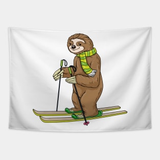 Sloth with scarf as skier with skis Tapestry