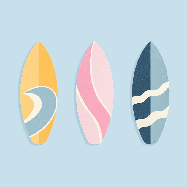 Retro surfboards lineup - pink, blue and yellow by Home Cyn Home 