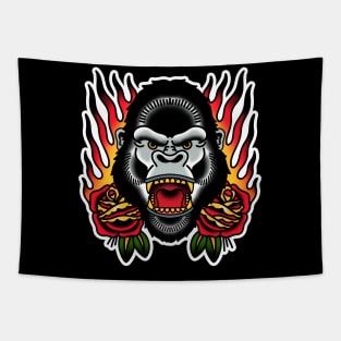 Gorilla Flames and Roses Traditional Tattoo Tapestry