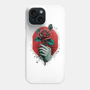 hand holding a red rose with green leaves Phone Case