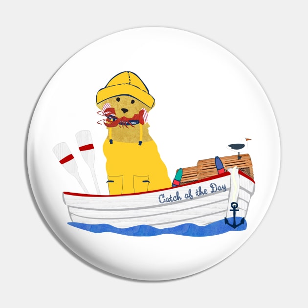 Preppy Golden Retriever Lobsterman Aboard The Catch of the Day Pin by emrdesigns