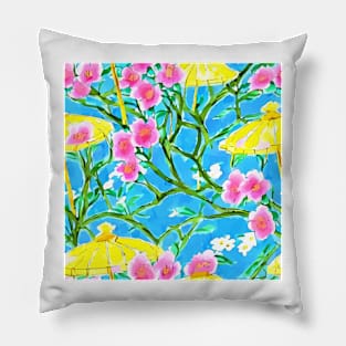 Cherry blossom and yellow umbrellas Pillow