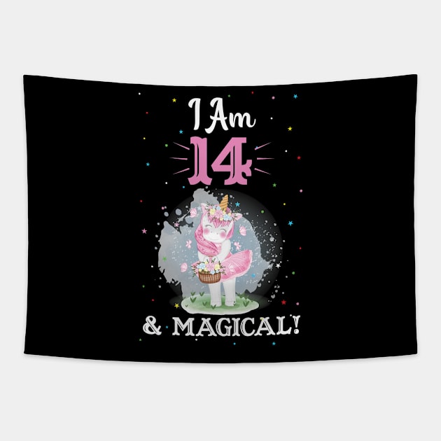 i Am 14 and magical Unicorn Birthday Gift Tapestry by Creative Design