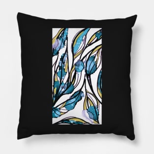 Abstract Botanical Leaves Teal Mustard Black Pillow