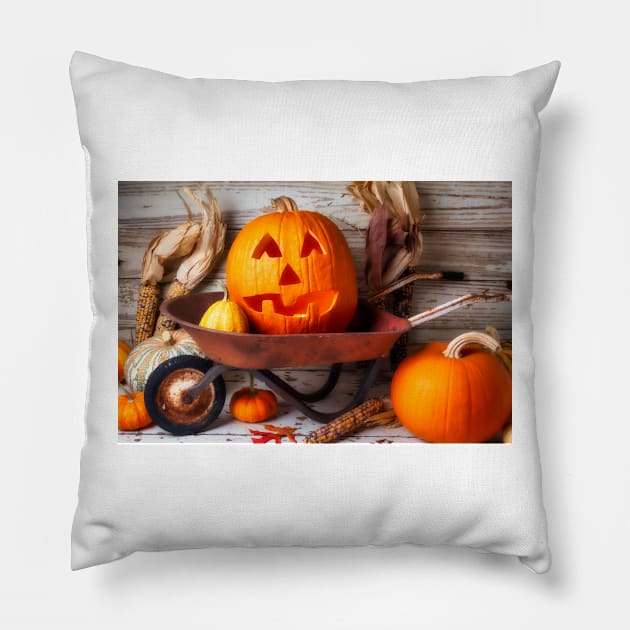 Carved Pumpkin In Old Wheelbarrow Pillow by photogarry