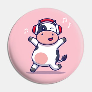 Cute Cow Listening Music With Headphone Pin