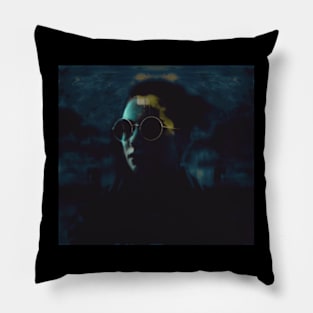 Beautiful girl with round glasses. Dark, like in night dream. Light aqua and blue. Pillow