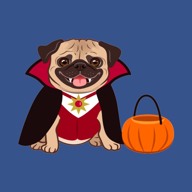 Halloween pug dog in vampire costume cartoon illustration. Cute friendly fat chubby fawn sitting pug puppy, smiling with tongue out. Pets, dog lovers by amramna