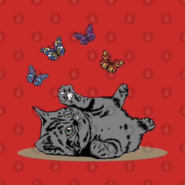 Grey Kitten Playing With Butterflies by Miozoto_Design