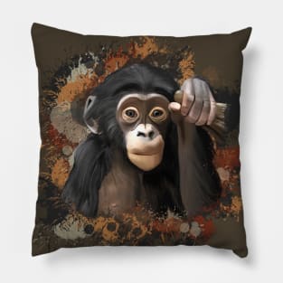 Baby Chimpanzee Abstract Paint Splatter Design in Warm Earth Tones Pillow