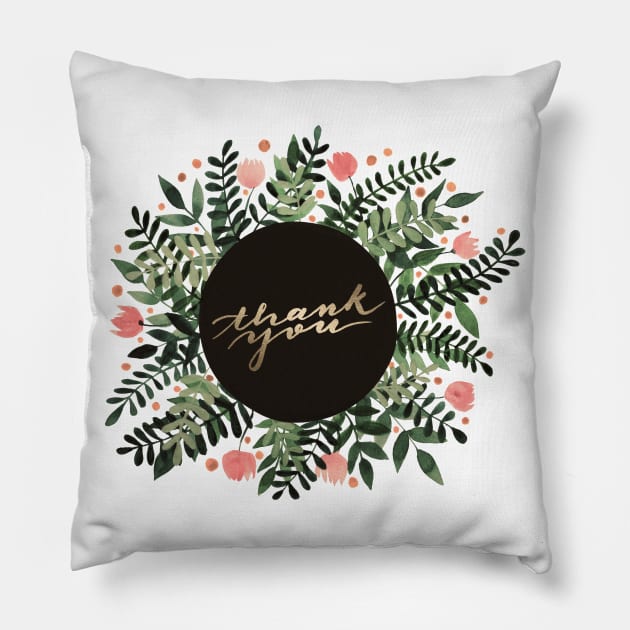 Thank you flowers and branches - sap green and pink Pillow by wackapacka