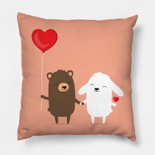 Cute cartoon bear and bunny rabbit holding hands Pillow