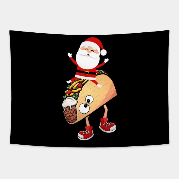 Funny Santa Riding a Crazy Running Taco Christmas Gift T-Shirt Tapestry by BioLite