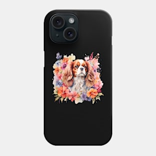 A cavalier king charles spaniel decorated with beautiful watercolor flowers Phone Case