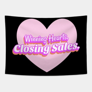 Winning Hearts, Closing Sales. T-Shirt for salesman, car salesman, insurance salesman, salesperson, retail salesperson, real estate salesperson as a gift, fun barbie styled Tapestry