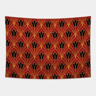 Art Deco Black Tulips on Red Tapestry