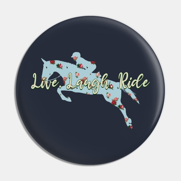 Live Laugh Ride - Vintage Powder Blue Floral Pattern Hunter Jumper Horse Pin by Nuclear Red Headed Mare