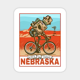 Retro Robot Cycling Nebraska Magnet