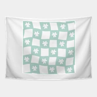 Large Floral Checker Board - pastel teal green Tapestry