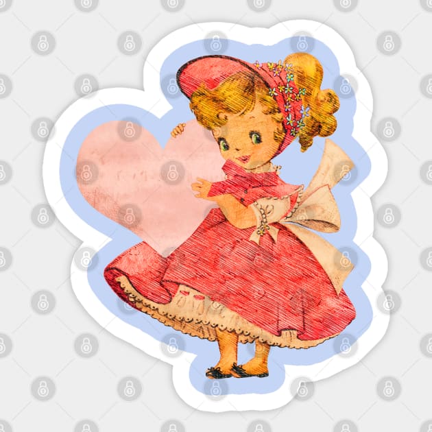 Vintage Retro Cute Girl with Valentine Heart - Vintage Valentine - Sticker