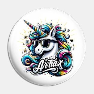 Whimsical unicorn illustration, cartoon style, playful mood, black style, wearing sunglasses, My little artax Pin