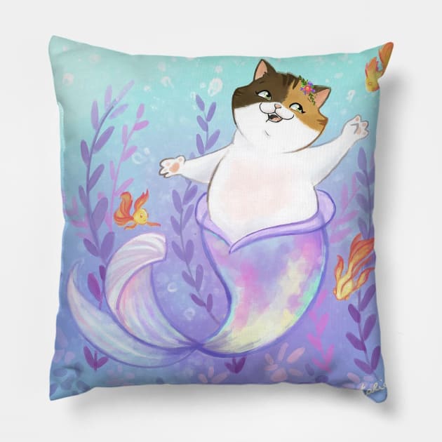 super cute cat mermaid Pillow by talida_illustration