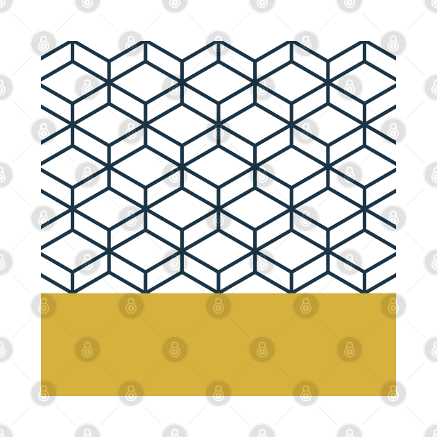 Geometric Honeycomb Lattice Pattern in Mustard Yellow, Navy Blue, and White by KierkegaardDesignStudio