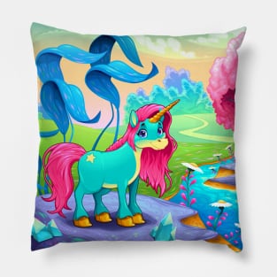 Happy unicorn in a landscape of dreams Pillow