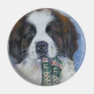 St Bernard Christmas Fine Art Painting Pin