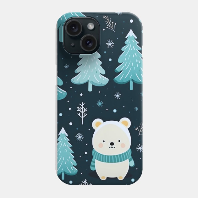 Blue Green White Winter Pattern With Cute Polar Bears, Christmas Trees And Snowflakes Phone Case by Step Into Art