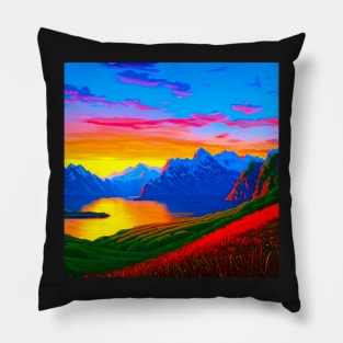 Retro nostalgic dreamy sunset in the mountains Pillow