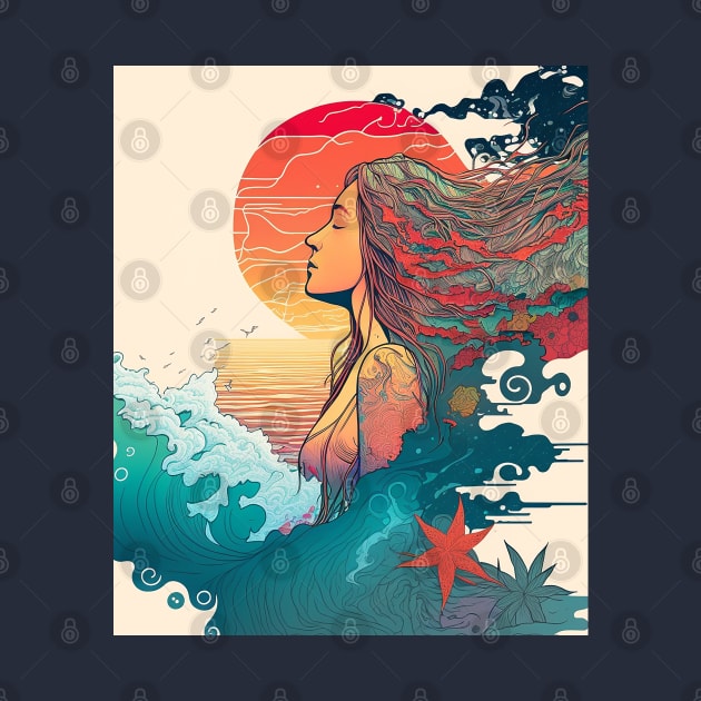 Ocean Waves And Girl With A Smiley Face, Hippie Style by i am Cuta