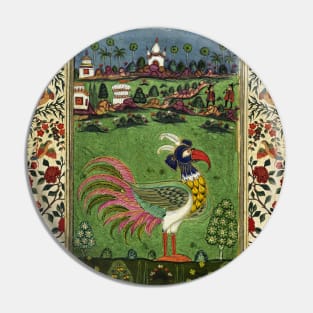 MYHTOLOGICAL BIRD WITH COLORFUL FEATHERS ,FLOWERS IN GREEN RUSTIC LANDSCAPE Antique Floral Pin