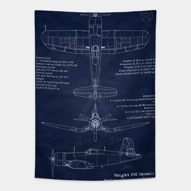 F4U Corsair Blueprint Tapestry by Aircraft.Lover