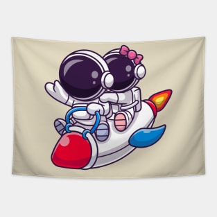 Cute Astronaut Couple Riding Rocket Cartoon Tapestry