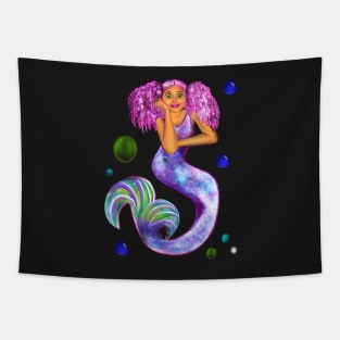 Magical rainbow mermaid with green eyes, pink hair and caramel brown skin Tapestry