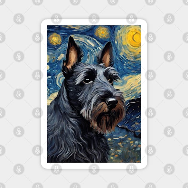 Scottish Terrier Dog Breed Painting in a Van Gogh Starry Night Art Style Magnet by Art-Jiyuu