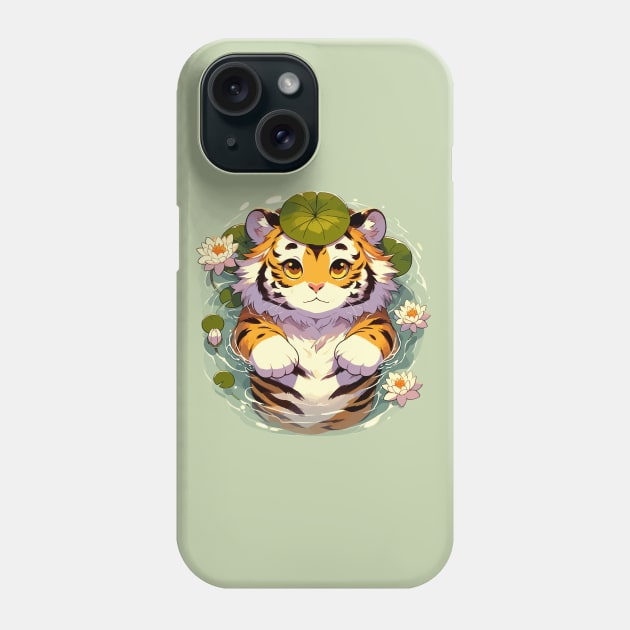 Kawaii Anime Tiger Bath With Water Lily Phone Case by TomFrontierArt