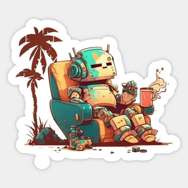 An old robot get comfy with a cup od coffe no background