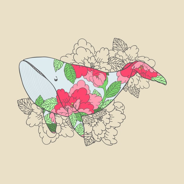 Whale with Peonies by natelledrawsstuff