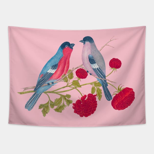 Two Bullfinch Birds and Red Flowers Wildlife Illustration Tapestry by Biophilia