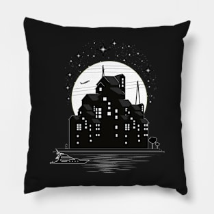 Black buildings moonlight and sparkling stars Pillow