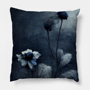 Lonely Withered Flowers in Shades of Dark Blue and Grey Pillow